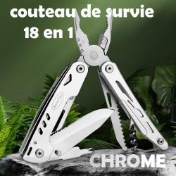 COUTEAU DE SURVIE "GRIS CHROME" MULTI FONCTIONS 18 en 1