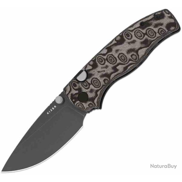 Couteau Kizer Glaux Lame Acier 14C28N Gray Manche Micarta Vortex NoirButton Liner Lock KIV3801A2