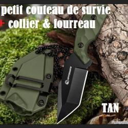 PETIT COUTEAU DE SURVIE couleur TAN avec fourreau & cha&icirc;ne &agrave; billes