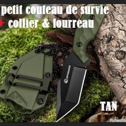 PETIT COUTEAU DE SURVIE couleur TAN avec fourreau & cha&icirc;ne &agrave; billes