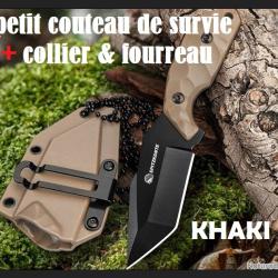 PETIT COUTEAU DE SURVIE couleur KHAKI avec fourreau & cha&icirc;ne &agrave; billes