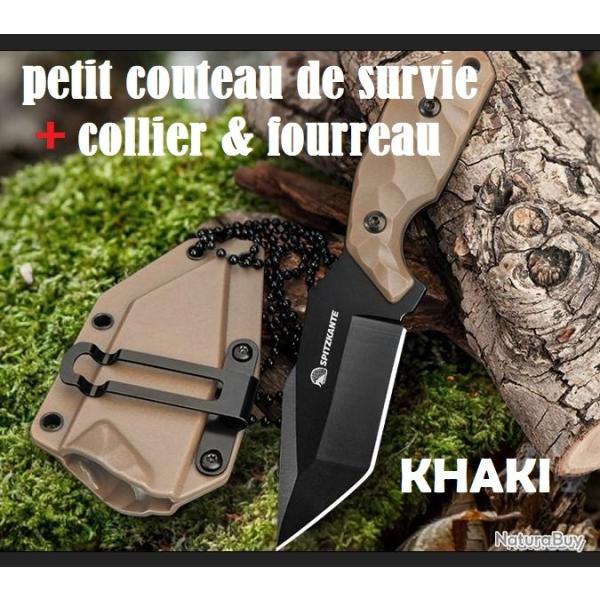 PETIT COUTEAU DE SURVIE couleur KHAKI avec fourreau & cha�ne � billes