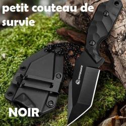 PETIT COUTEAU DE SURVIE couleur NOIR avec fourreau & cha&icirc;ne &agrave; billes