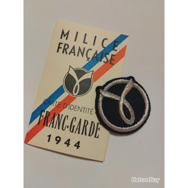Insigne Milice fran�aise brod� cannetille + carte Milice 1944 REPRODUCTION