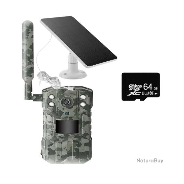 Cam�ra de Chasse Solaire 4G 4MP WiFi PIR Vision Nocturne IP66 D�tection Mouvement Surveillance 64 GO