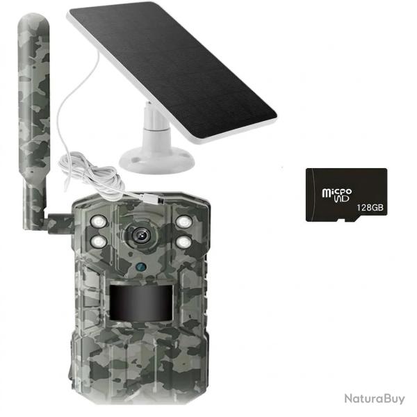 Cam�ra de Chasse Solaire 4G 4MP WiFi PIR Vision Nocturne IP66 D�tection Mouvement Surveillance 128GO