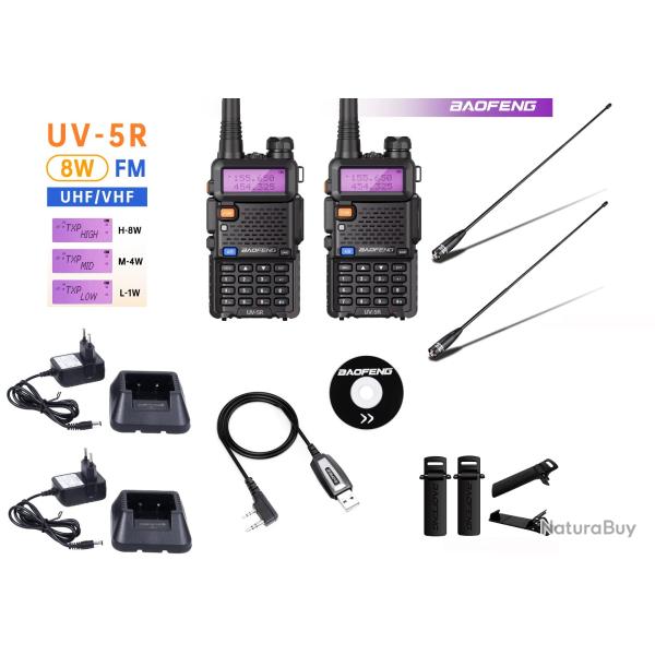 Paire de 2 Baofeng UV-5R (8W) + antennes longues Nagoya NA-771