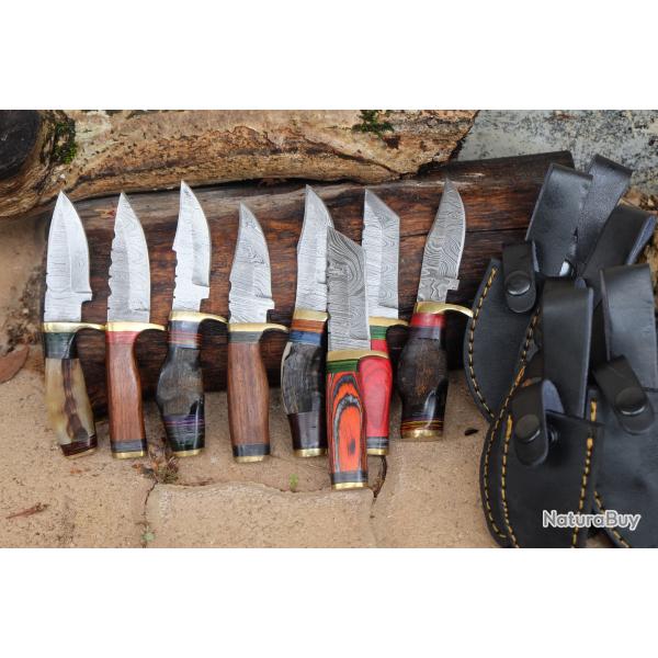 LOT DE 8 Couteau Skinner Damas Lame 256 Couches Manche Bois & Corne B�lier Fab Artisanale Etui Cuir