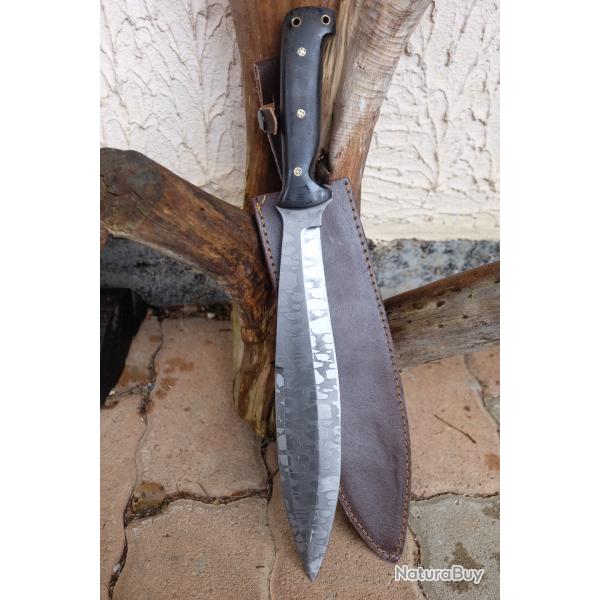 Grand Couteau de Camp Survival Lame Acier Carbone 1075 D�cor Laser Manche Micarta �tui Cuir Artisan