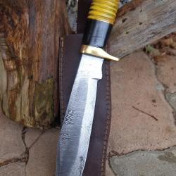 Couteau Bowie Chercheur D'Or Manche Os/R&eacute;sine Lame Acier Damas 256 Couches Etui Cuir Fabr Artisanale