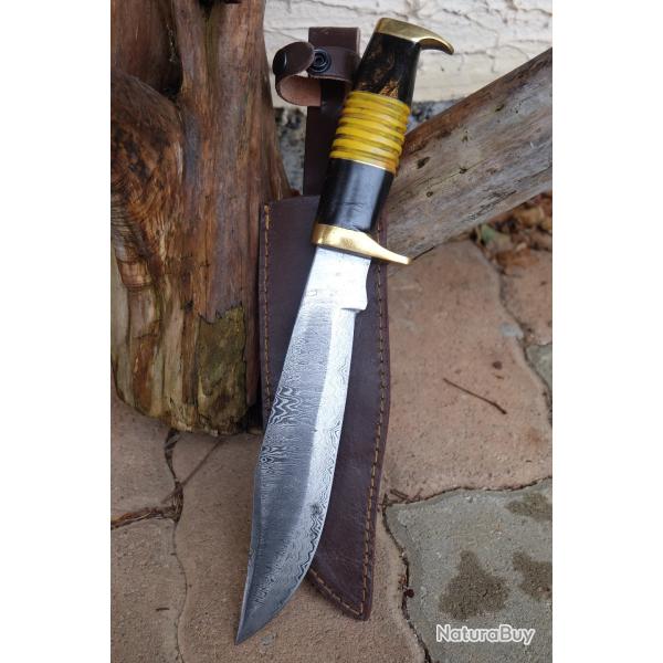 Couteau Bowie Chercheur D'Or Manche Os/R�sine Lame Acier Damas 256 Couches Etui Cuir Fabr Artisanale