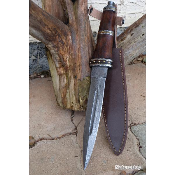 Poignard Dirk Ecossais Couteau Dague Lame Acier Damas 256 Couches Manche Bois/Damas Etui F Artisanat