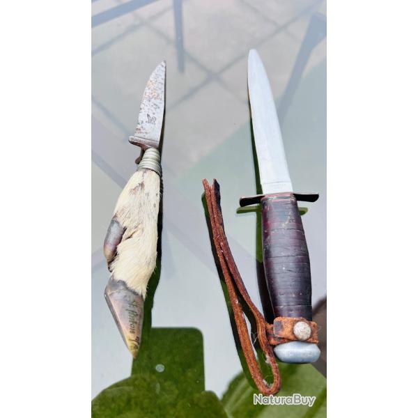 Lot de 2 couteaux anciens : Poignard Sabatier Inox (style Scout/Militaire) +Couteau de chasse