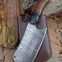 Couteau Couperet Butcher Chopper Damas Lame Acier 256 Couches Manche Bois Etui Cuir Fab Artisanale
