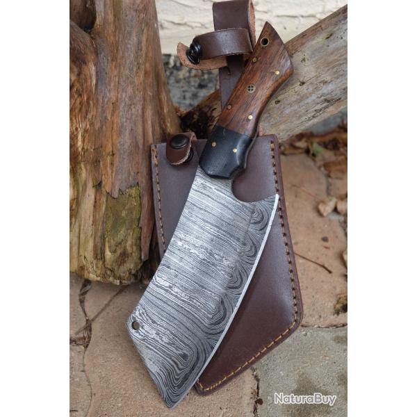 Couteau Couperet Butcher Chopper Damas Lame Acier 256 Couches Manche Bois Etui Cuir Fab Artisanale