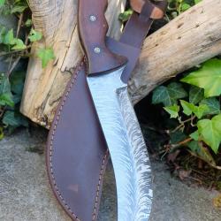 Couteau Machette Scimitar Lame Acier Carbone 1055 Lazer Manche Micarta Etui Cuir Fabric Artisanale