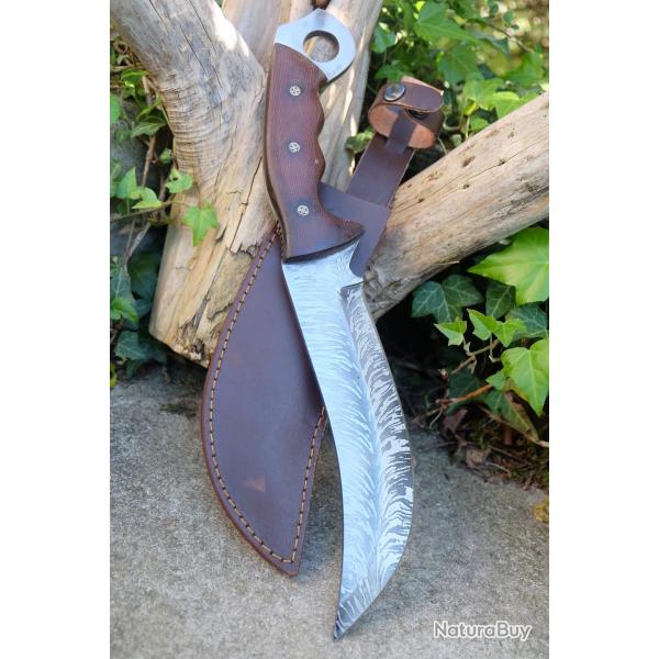 Couteau Machette Scimitar Lame Acier Carbone 1055 Lazer Manche Micarta Etui Cuir Fabric Artisanale