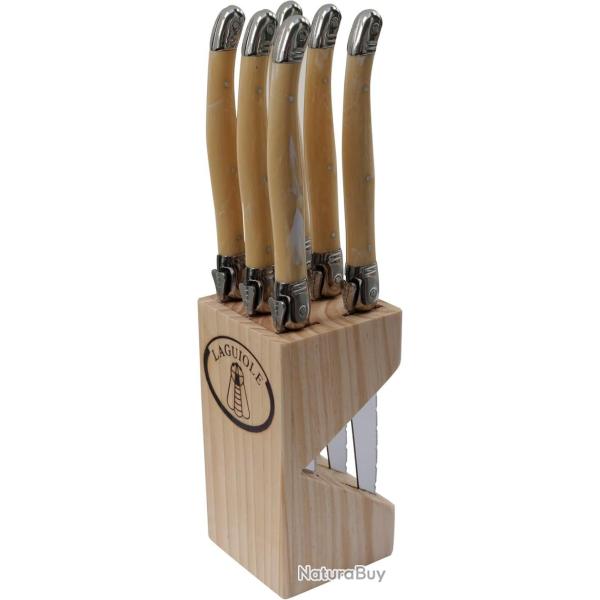 PRADEL EXCELLENCE THIERS BLOC 6 COUTEAUX LAGUIOLE MANCHES FACON CORNE BLONDE 28/4