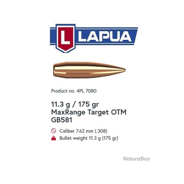 Lapua - 100 Projectiles Cal .30 - 175gr MAXRT - GB581 - 4PL7080