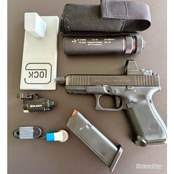 Glock 19 Gen5 MOS FS Filet� 9mm + Leupold DPP + Silencieux B&T + D�tente ZEV + Lampe/laser Olight