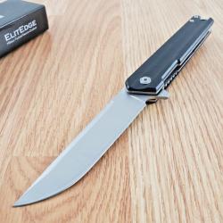 Couteau ElitEdge Semi Automatique Lame Tanto Acier 420C Satin Manche Alu Noir Linerlock Clip