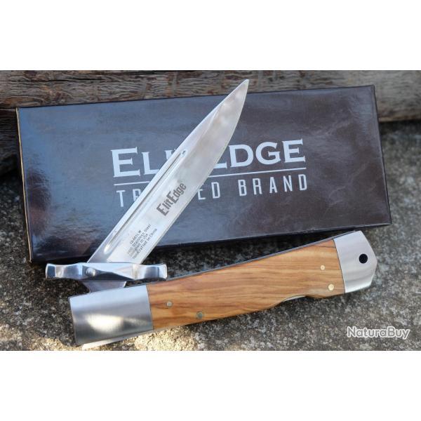 Couteau ElitEdge Dague Pliant Lame Acier 440C Manche Bois Olivier Lockback Etui Nylon