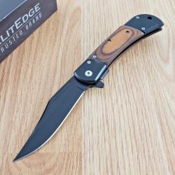 Couteau Semi Automatique ElitEdge Lame Bowie Acier 4420C Manche Bois Linerlock Clip