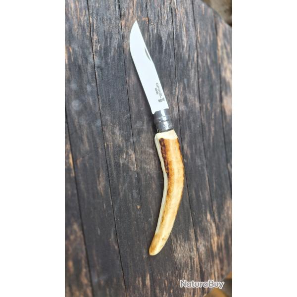 Opinel n�7 artisanal, manche en bois de cerf, pi�ce unique avec une �l�gante pointe en bois de cerf