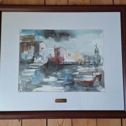 Peinture aquarelle originale sign&eacute;e de Dolors Bolanos, encadr&eacute;e.