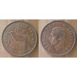 Nouvelle Zelande 1 Penny 1944 Piece Oiseau George 6 Florint Dollars Dollar