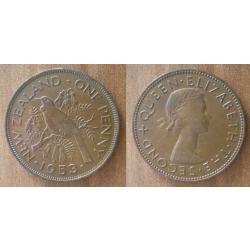 Nouvelle Zelande 1 Penny 1953 Piece Oiseau Reine Elizabeth 2 Florint Dollars Dollar
