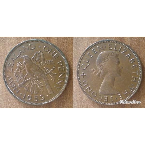 Nouvelle Zelande 1 Penny 1953 Piece Oiseau Reine Elizabeth 2 Florint Dollars Dollar