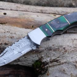 Couteau Lame Damas 128 Couches Manche Emeraude Fa&ccedil;on Buck 112 Lockback Fabr Artisanale 001