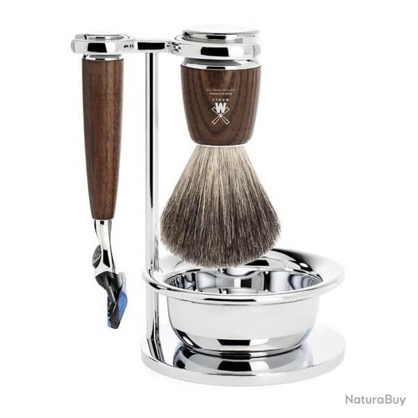 Set de rasage 4 pi�ces M�hle Rytmo fr�ne fusion�, blaireau pur noir et bol
