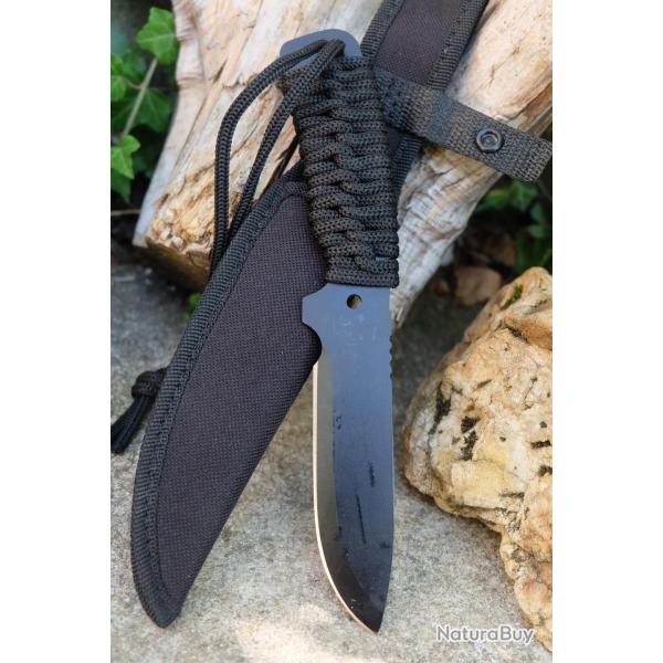 Couteau de Brousse Drop Point Lame Acier 3Cr13 Manche Corde Etui Nylon Pour le Camp & Buschraft 01