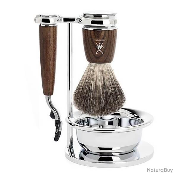 Set de rasage 4 pi�ces M�hle Rytmo fr�ne Mach3�, blaireau pur noir et bol