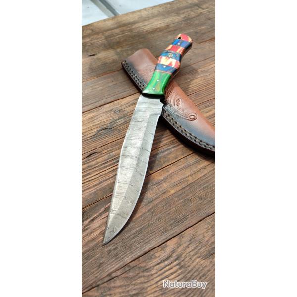 Poignard Bowie manche bois �tui en cuir lame en acier Damas 256 couches c105