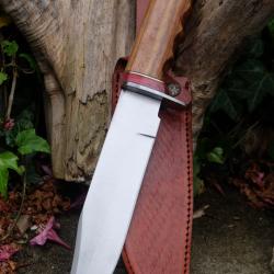 Couteau de Chasse Poignard Bushcraft Lame Acier Carbone 1055 Manche Bois Etui Cuir