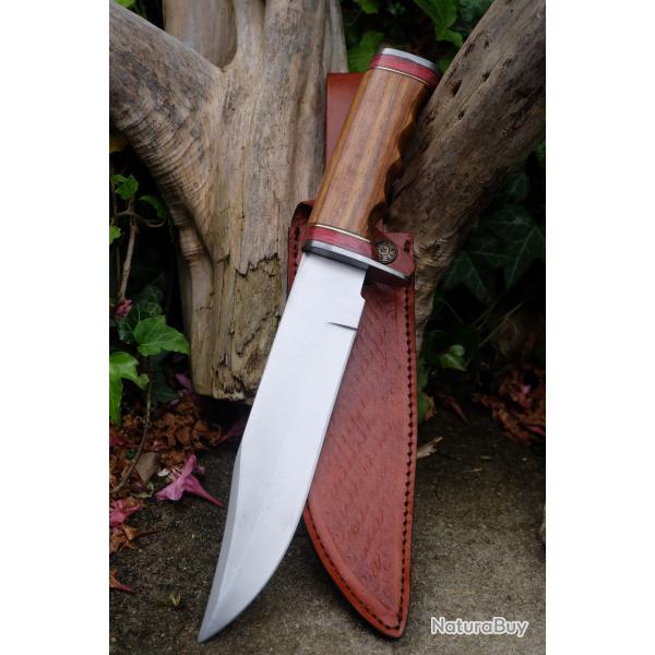 Couteau de Chasse Poignard Bushcraft Lame Acier Carbone 1055 Manche Bois Etui Cuir