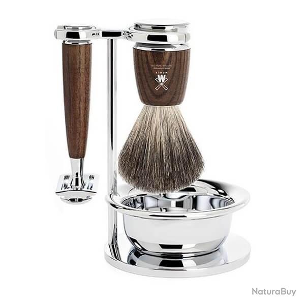 Set de rasage 4 pi�ces M�hle Rytmo fr�ne, lame s�curit�, blaireau pur noir