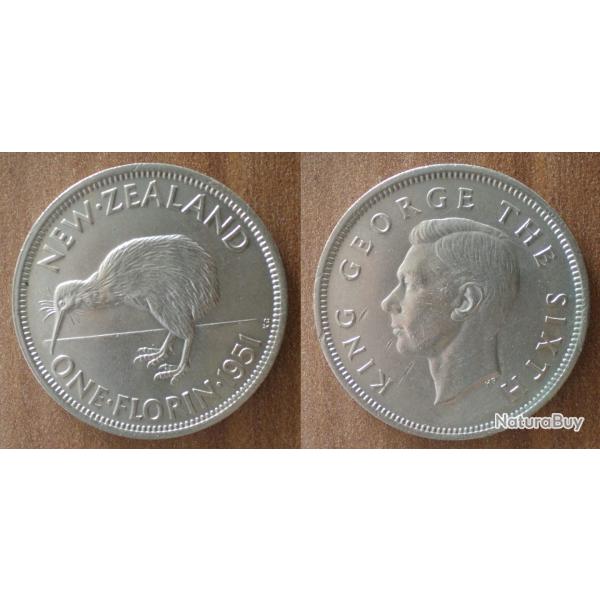 Nouvelle Zelande 1 Florin 1951 Piece Oiseau Roi George 6 Florint Dollars Dollar