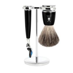Set 3 pi&egrave;ces Fusion� Muhle Rytmo noir, blaireau pur noir