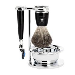 Set 4 pi&egrave;ces Fusion� Muhle Rytmo noir, blaireau pur noir et bol