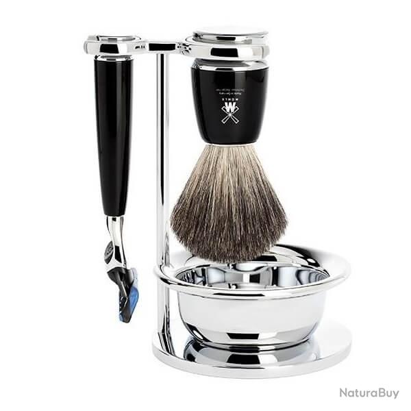Set 4 pi�ces Fusion� Muhle Rytmo noir, blaireau pur noir et bol