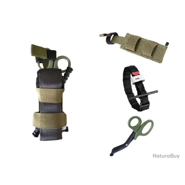 Ensemble Garrot + Porte-garrot universel + ciseaux m�dicaux Kaki