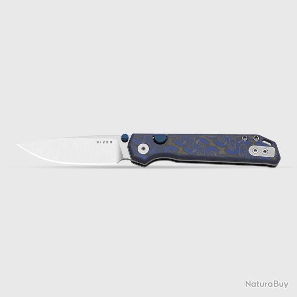 Couteau Kizer Begleiter 2.0 Lame Acier BD1N Satin Manche Micarta Blue Vortex Button Lock KIV34582BDA