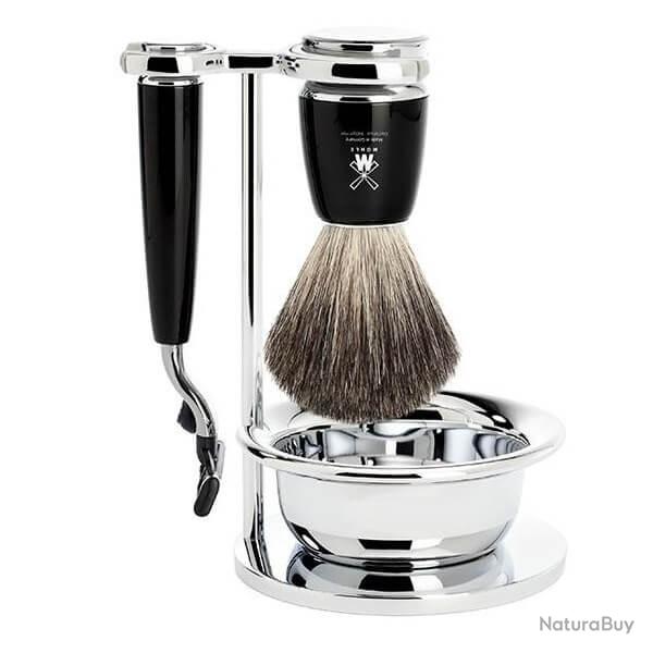 Set 4 pi�ces Mach3� Muhle Rytmo noir, blaireau pur noir et bol