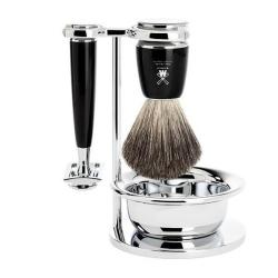 Set 4 pi&egrave;ces Muhle s&eacute;curit&eacute; Rytmo noir, blaireau pur noir et bol