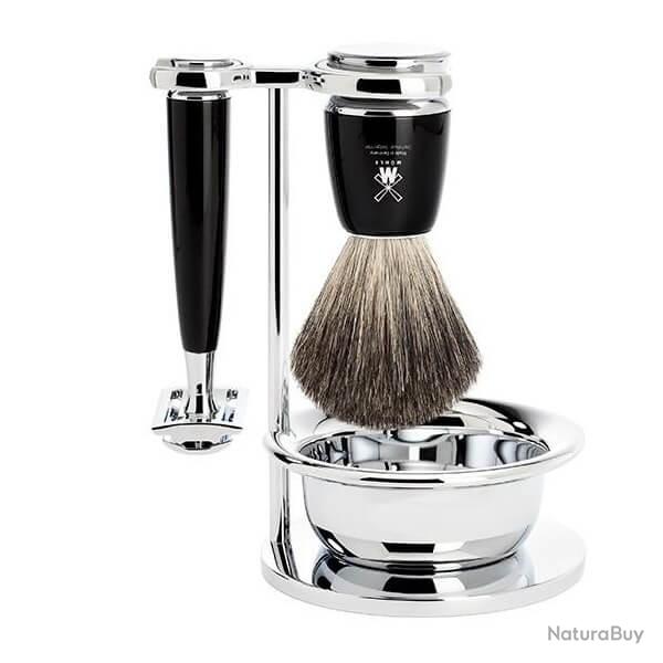 Set 4 pi�ces Muhle s�curit� Rytmo noir, blaireau pur noir et bol