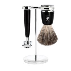 Set 3 pi&egrave;ces Muhle s&eacute;curit&eacute; Rytmo noir, blaireau pur noir